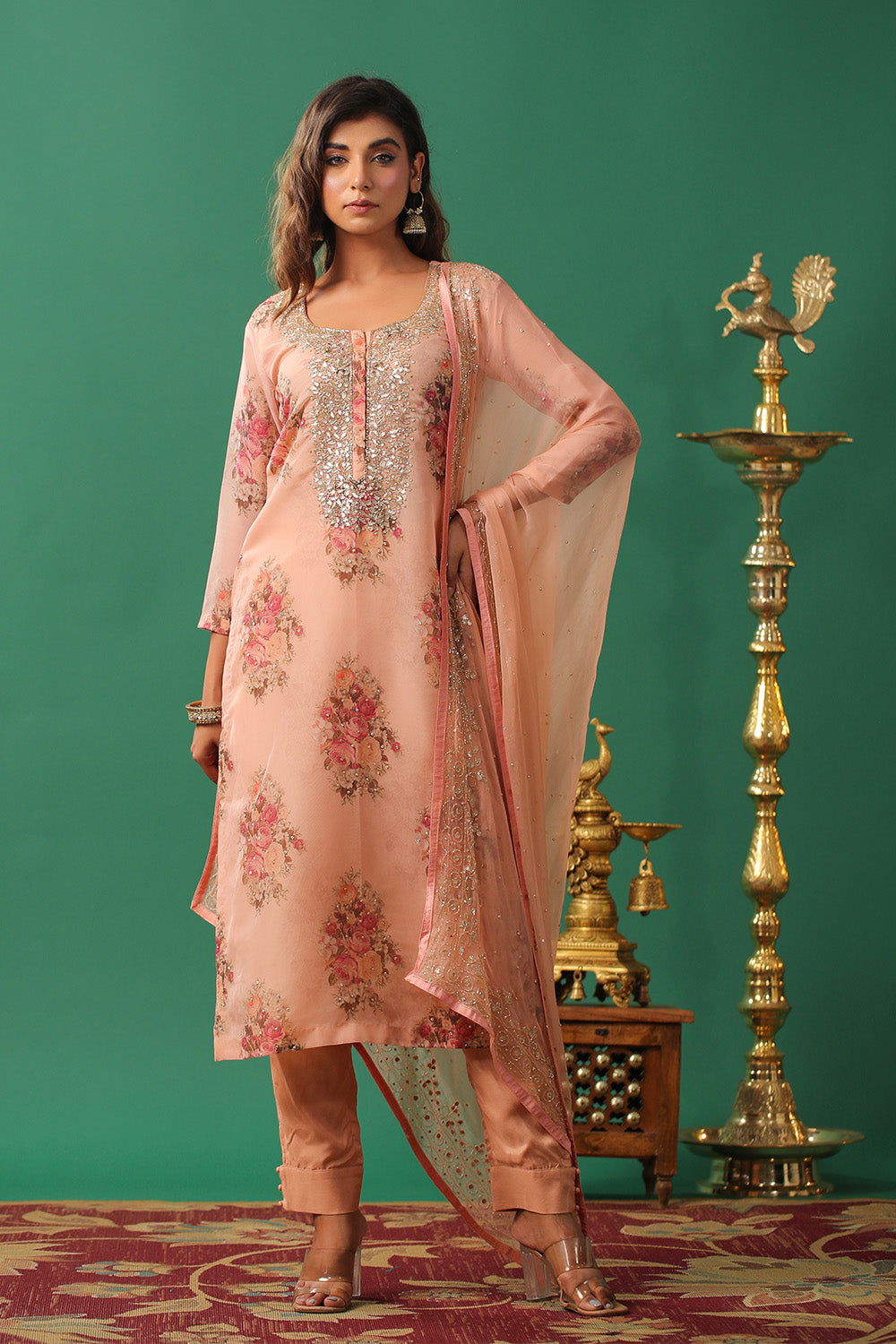 Peach Color Floral Printed Organza Unstitched Suit Material