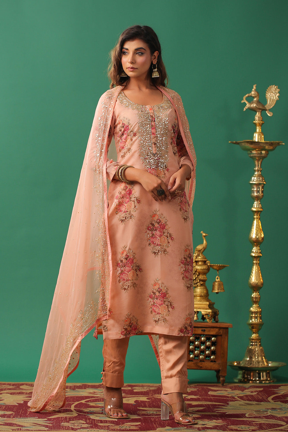 Peach Color Floral Printed Organza Unstitched Suit Material