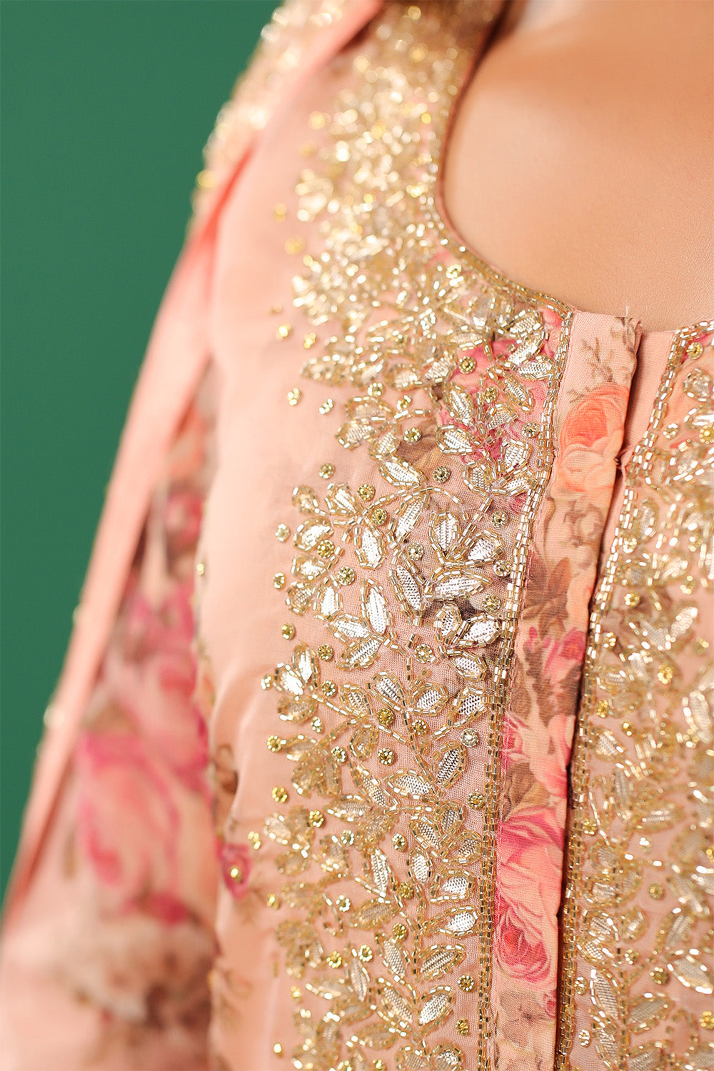 Peach Color Floral Printed Organza Unstitched Suit Material