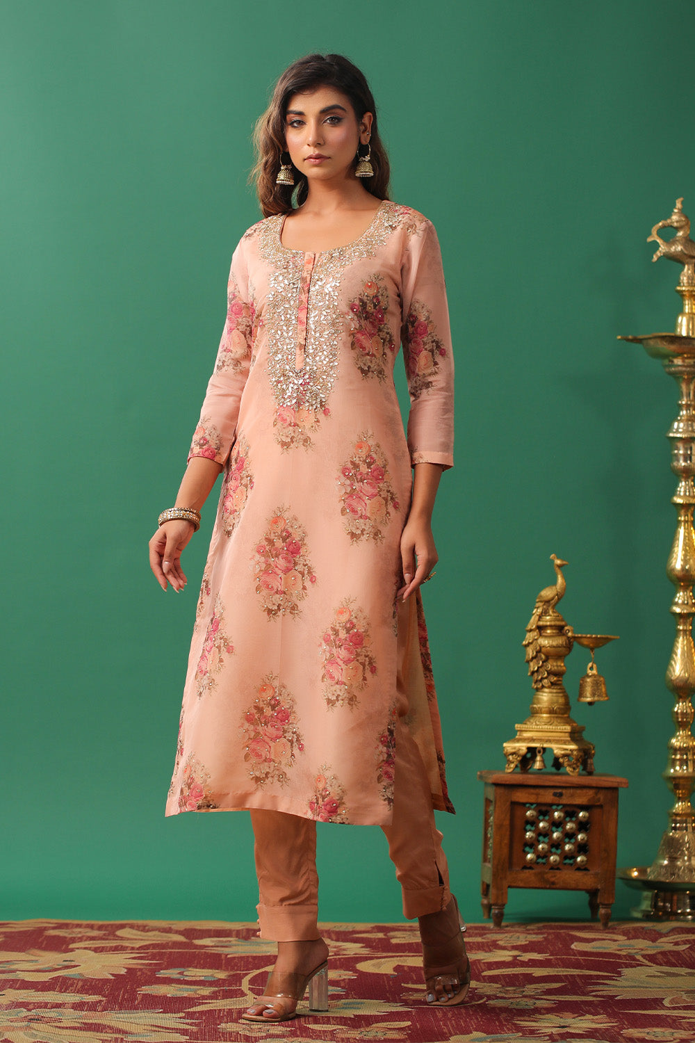 Peach Color Floral Printed Organza Unstitched Suit Material
