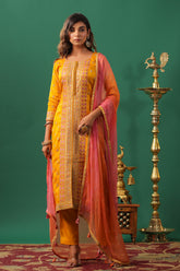 Mustard Color Embroidered Silk Unstitched Suit Material