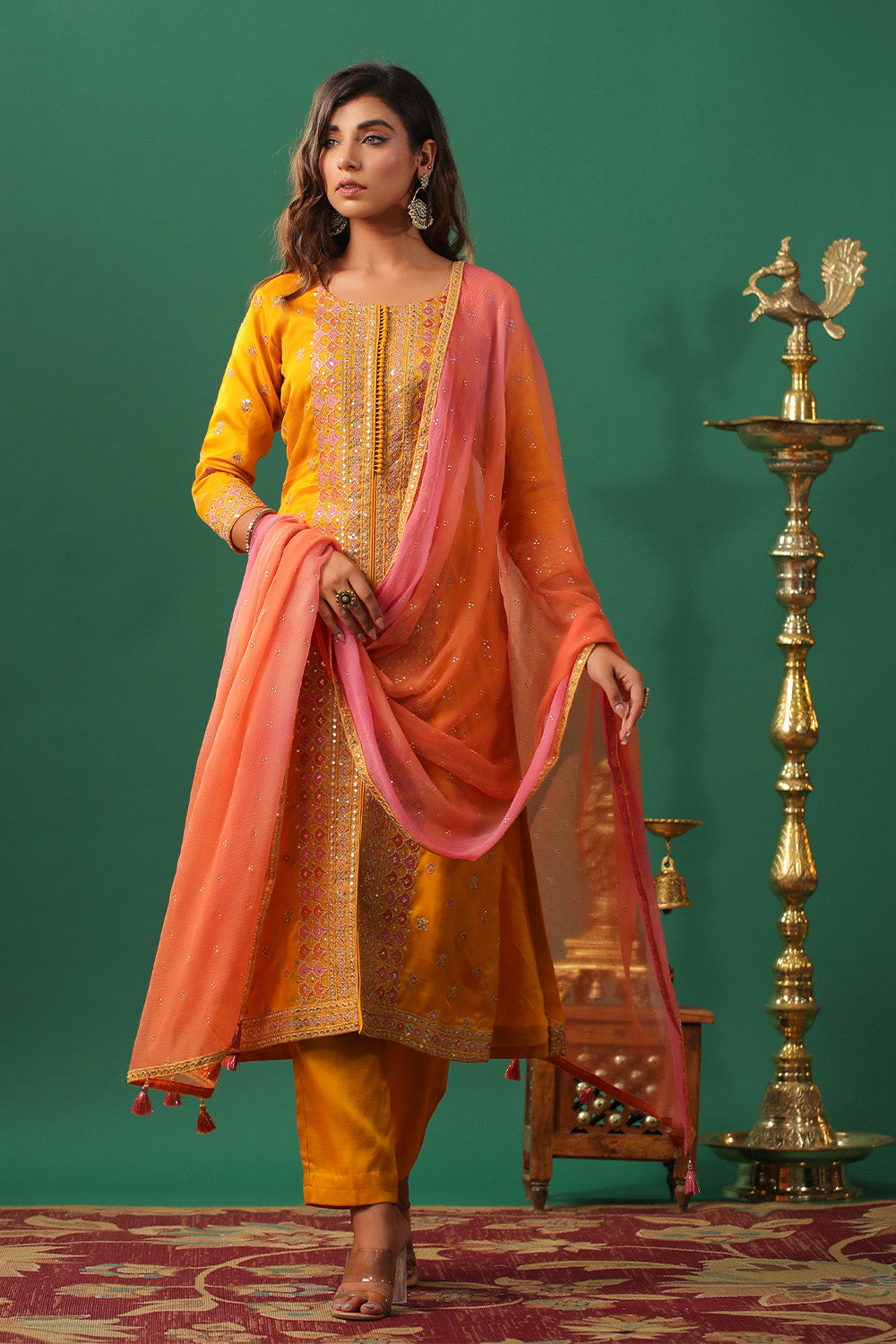 Mustard Color Embroidered Silk Unstitched Suit Material