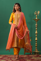 Mustard Color Embroidered Silk Unstitched Suit Material