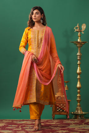 Mustard Color Embroidered Silk Unstitched Suit Material