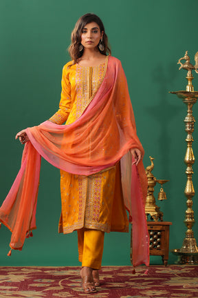 Mustard Color Embroidered Silk Unstitched Suit Material