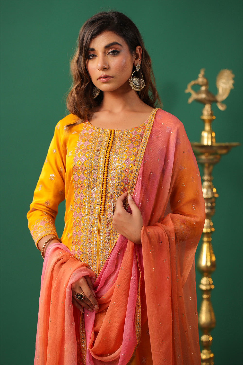 Mustard Color Embroidered Silk Unstitched Suit Material