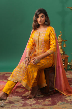 Mustard Color Embroidered Silk Unstitched Suit Material