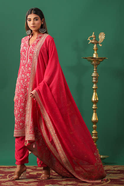 Coral Embroidered Georgette Unstitched Suit Material