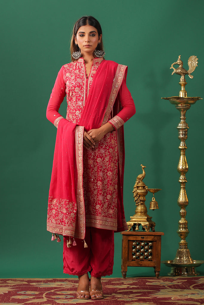 Coral Embroidered Georgette Unstitched Suit Material