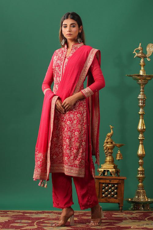 Coral Embroidered Georgette Unstitched Suit Material