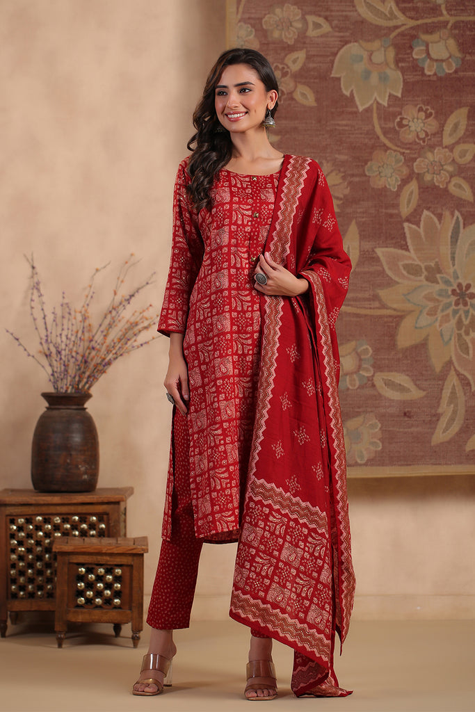 Maroon Color Printed Cotton Straight Suit