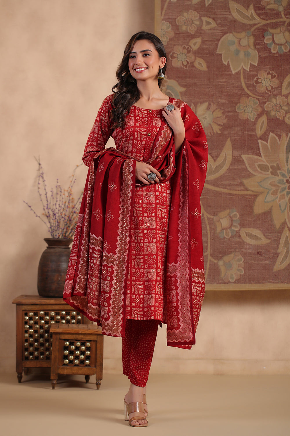 Maroon Color Printed Cotton Straight Suit