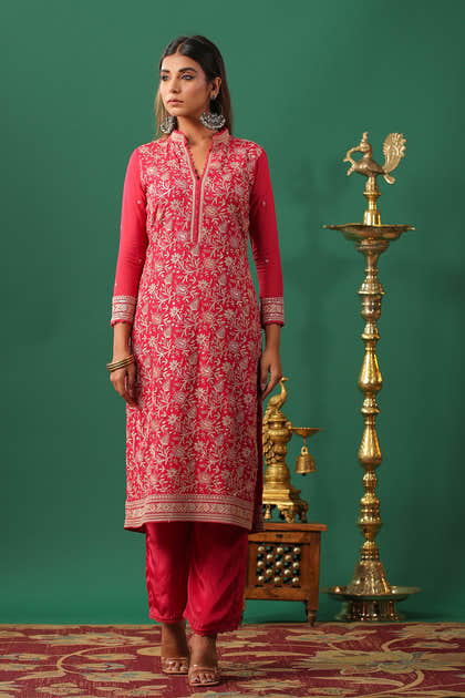 Coral Embroidered Georgette Unstitched Suit Material