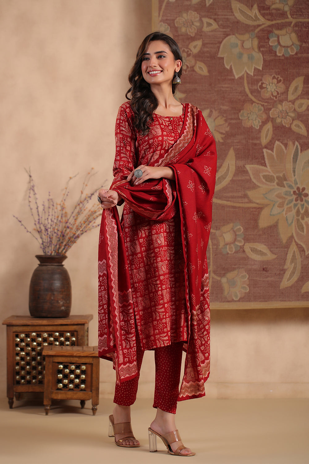 Maroon Color Printed Cotton Straight Suit