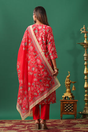 Red Color Muslin Printed Straight Suit