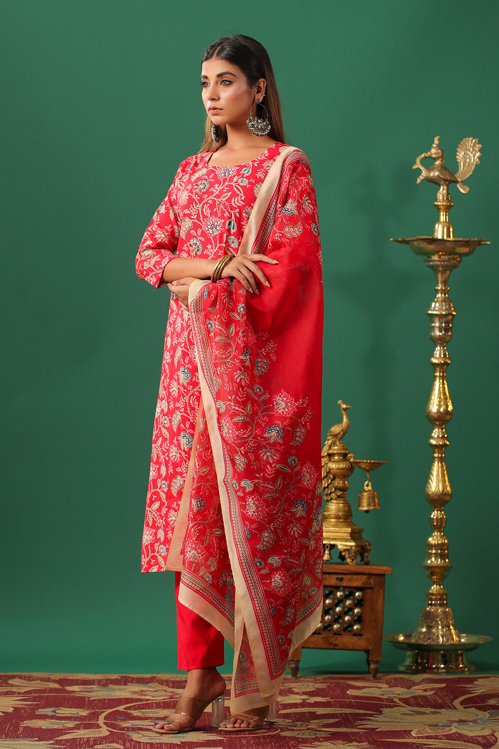 Red Color Muslin Printed Straight Suit