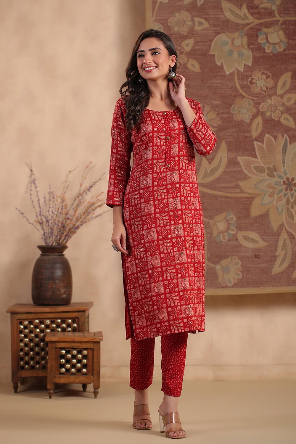 Maroon Color Printed Cotton Straight Suit