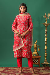 Red Color Muslin Printed Straight Suit