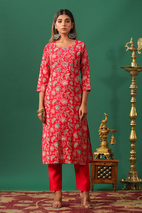 Red Color Muslin Printed Straight Suit