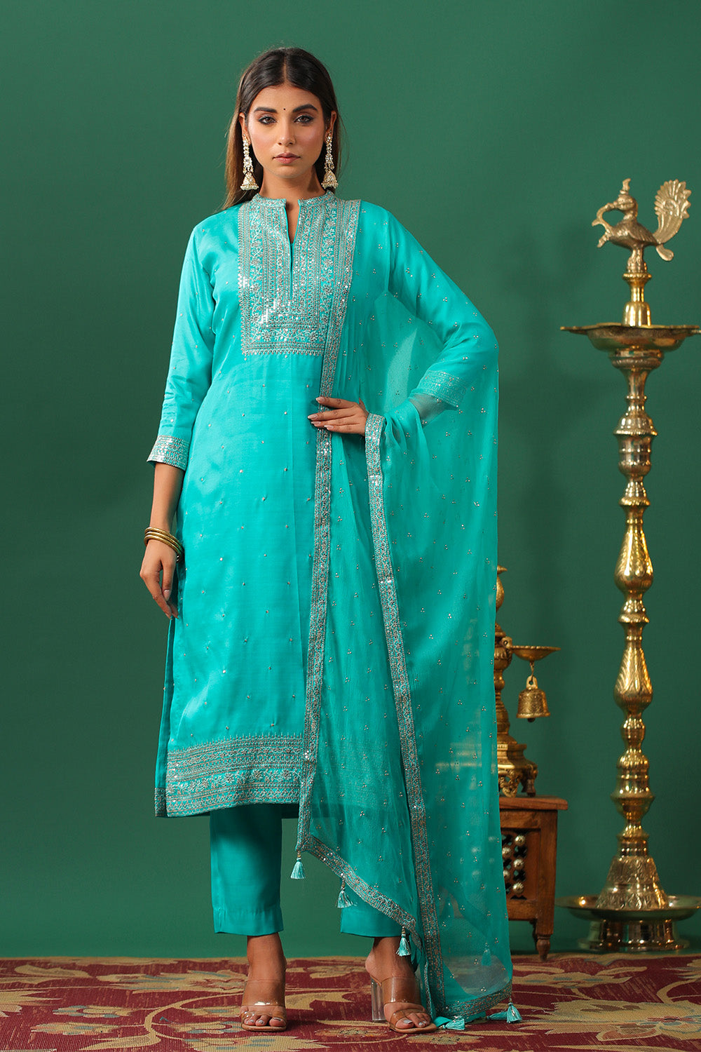 Turquoise Color Embroidered Silk Unstitched Suit Material