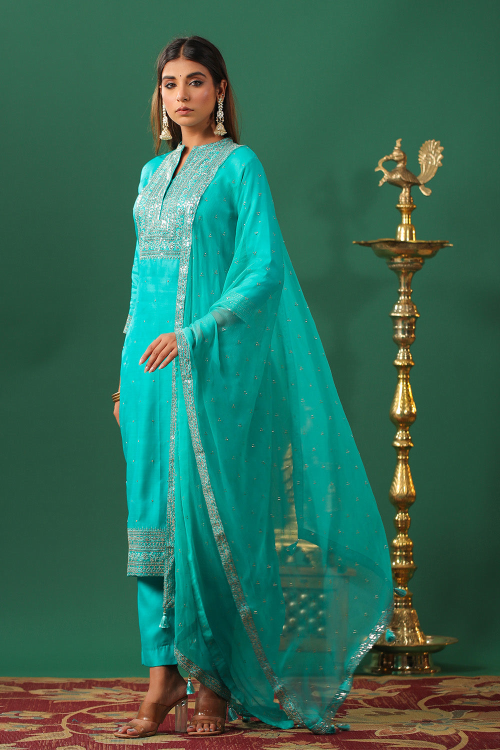 Turquoise Color Embroidered Silk Unstitched Suit Material
