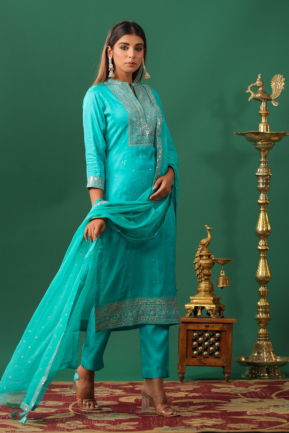 Turquoise Color Embroidered Silk Unstitched Suit Material