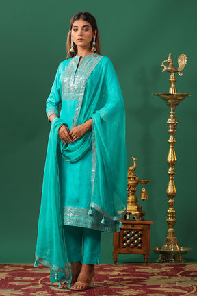 Turquoise Color Embroidered Silk Unstitched Suit Material