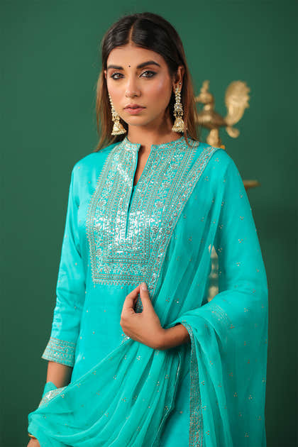 Turquoise Color Embroidered Silk Unstitched Suit Material