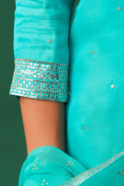 Turquoise Color Embroidered Silk Unstitched Suit Material