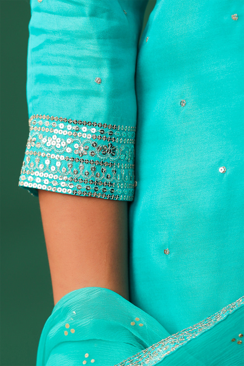 Turquoise Color Embroidered Silk Unstitched Suit Material