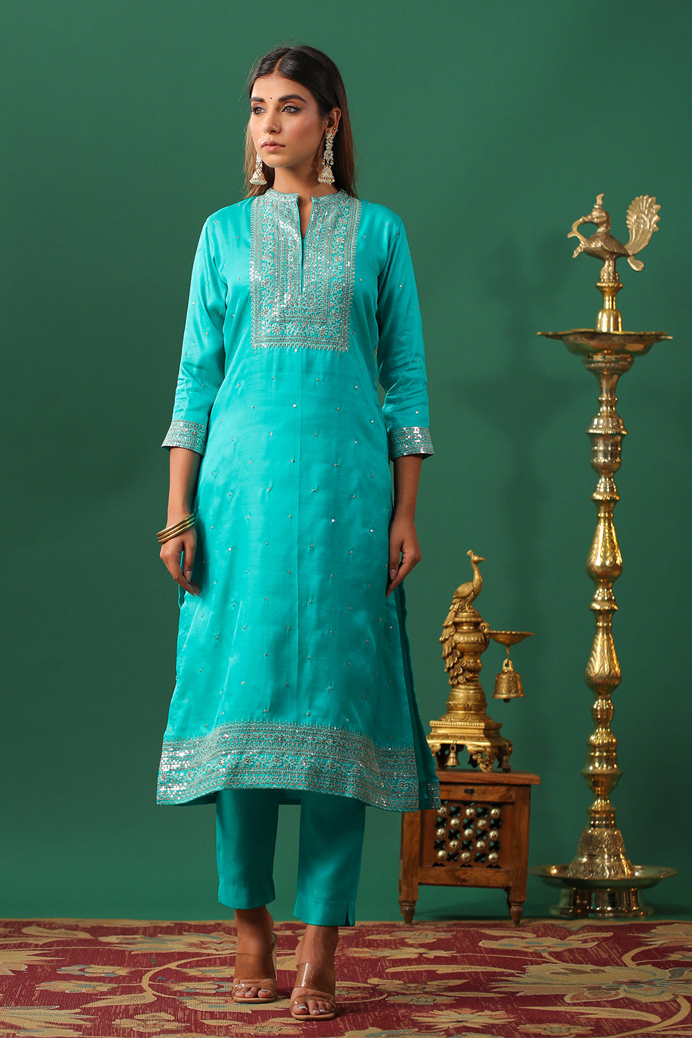Turquoise Color Embroidered Silk Unstitched Suit Material
