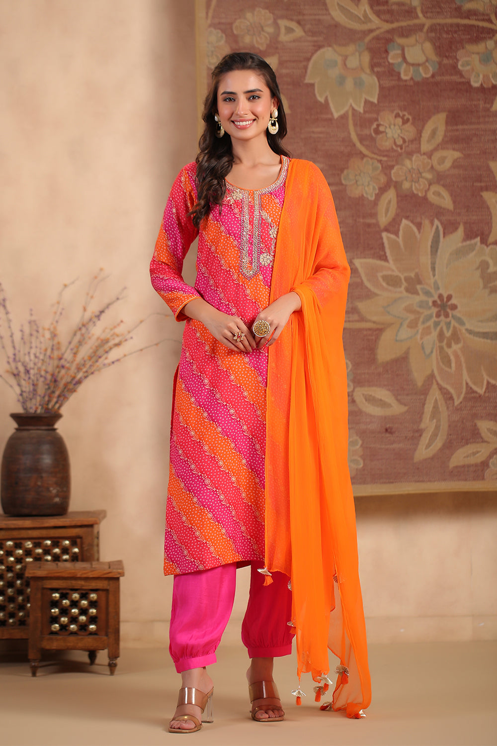 Orange Color Silk Printed Unstitched Suit Material