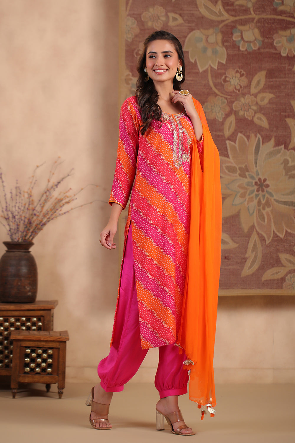 Orange Color Silk Printed Unstitched Suit Material