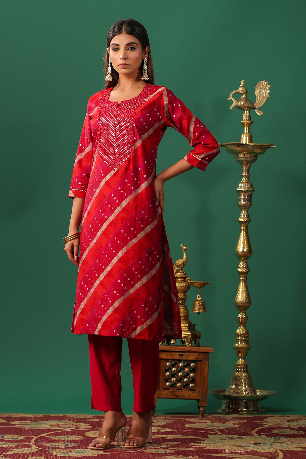 Maher - Red Bandhani Printed Urave Cut Long Mirror Work Dress - D381F2 –  InduBindu