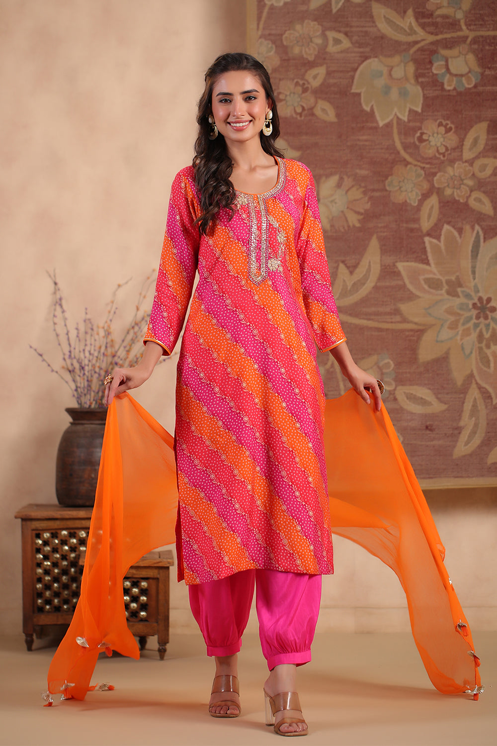 Orange Color Silk Printed Unstitched Suit Material