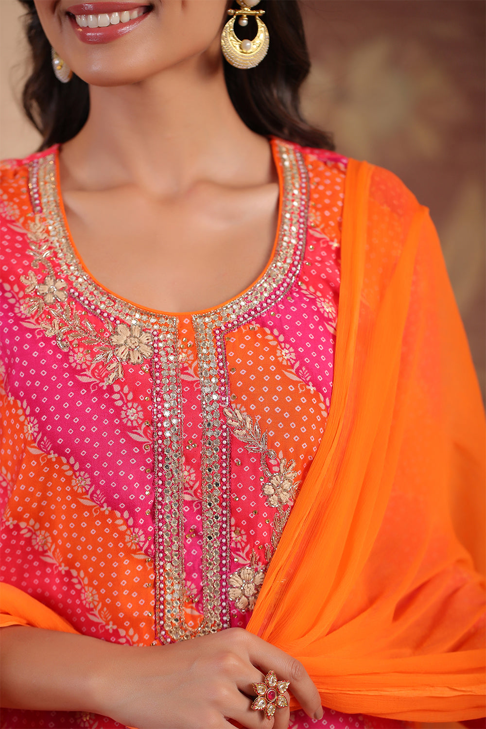 Orange Color Silk Printed Unstitched Suit Material