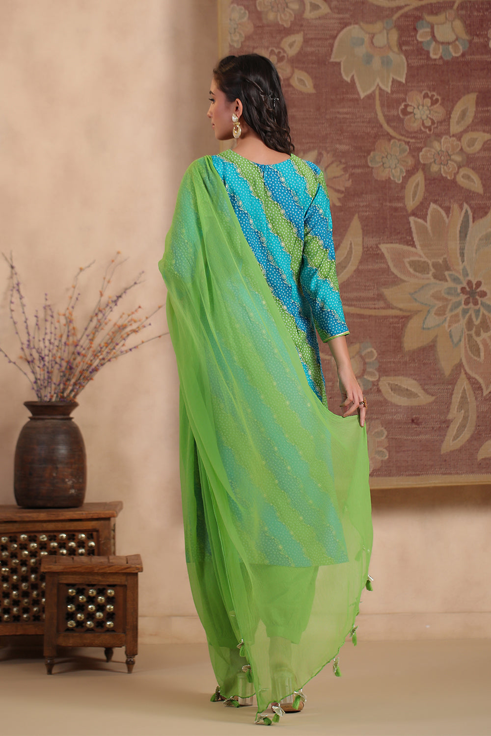 Teal & Green Color Silk Printed Unstitched Suit Material