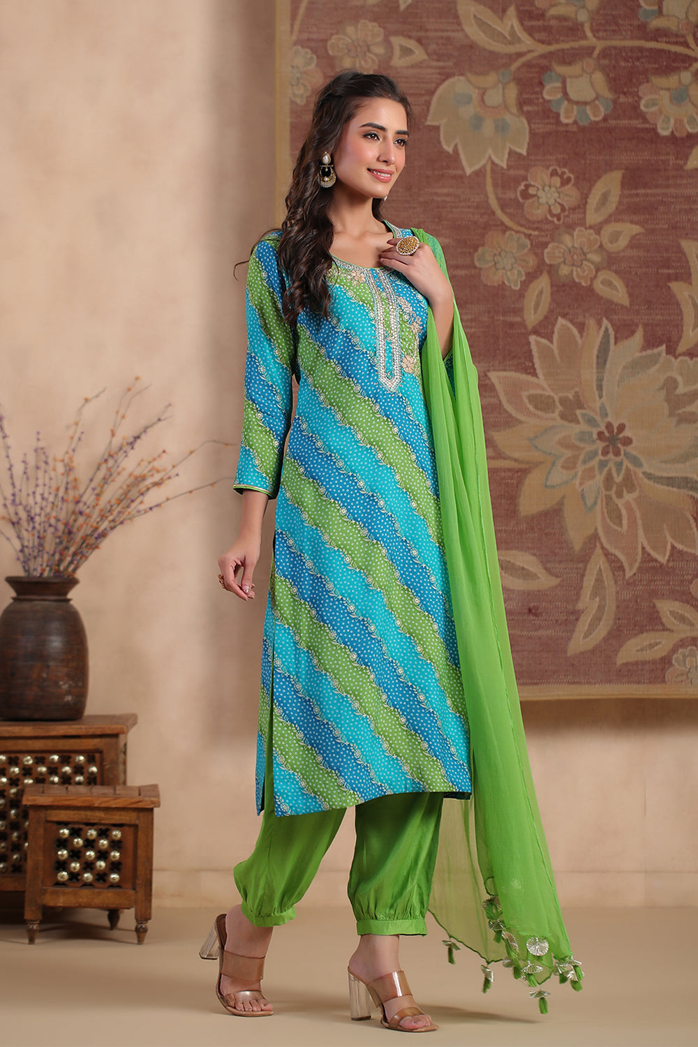 Teal & Green Color Silk Printed Unstitched Suit Material