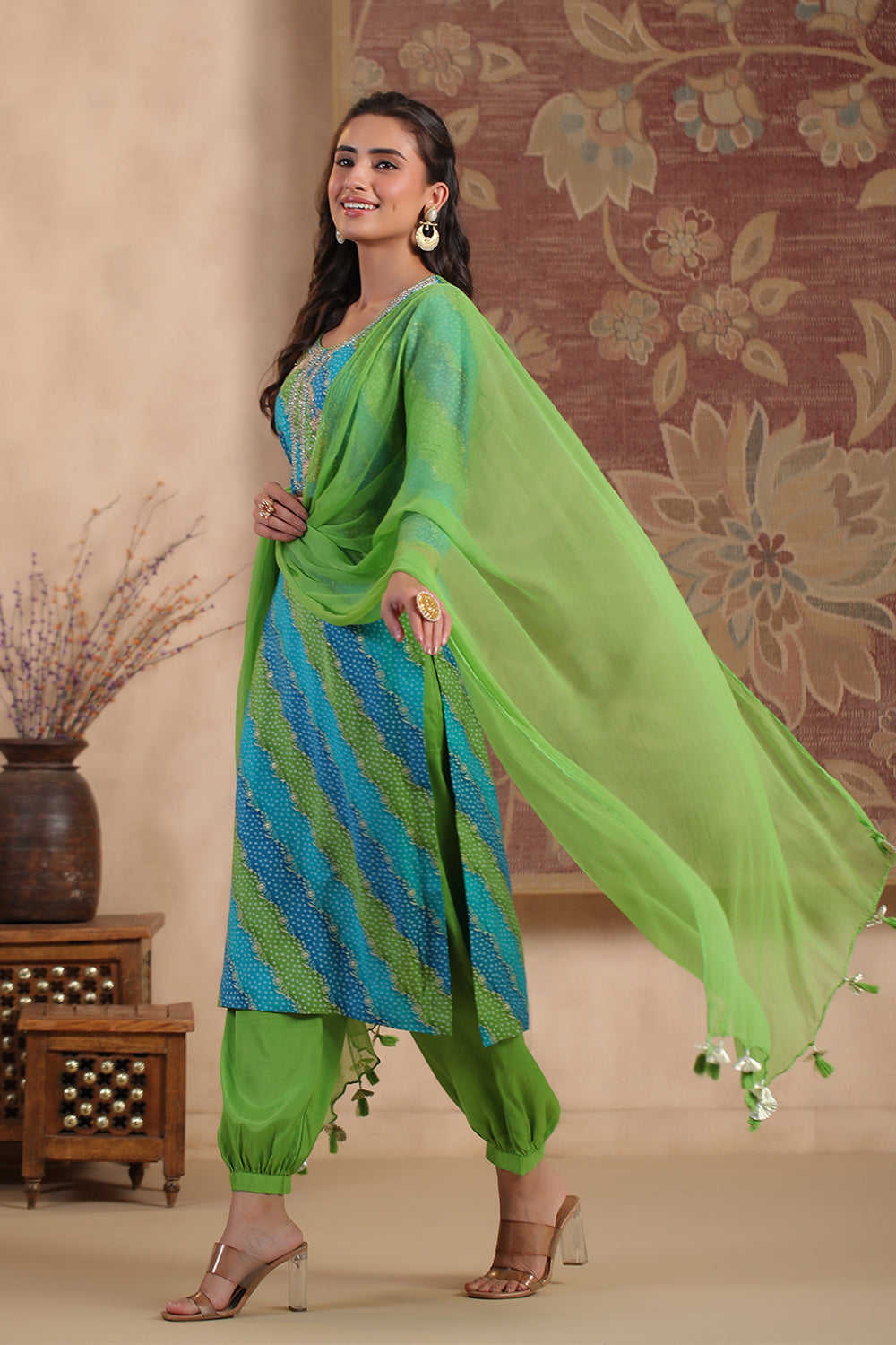 Teal & Green Color Silk Printed Unstitched Suit Material
