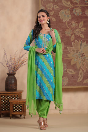 Teal & Green Color Silk Printed Unstitched Suit Material