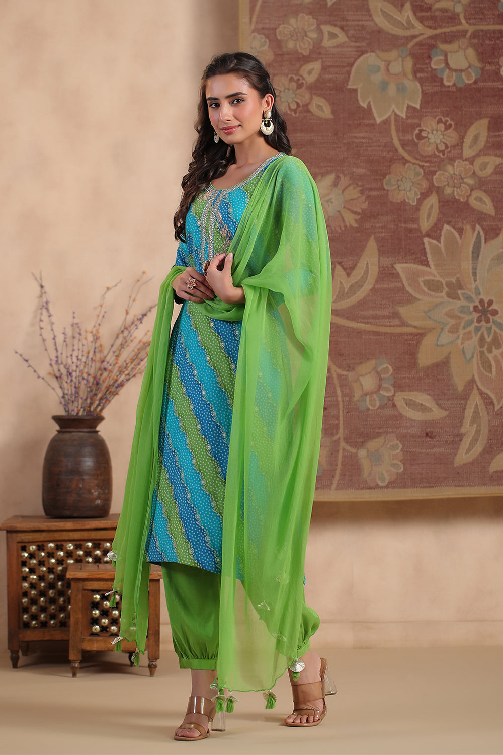 Teal & Green Color Silk Printed Unstitched Suit Material