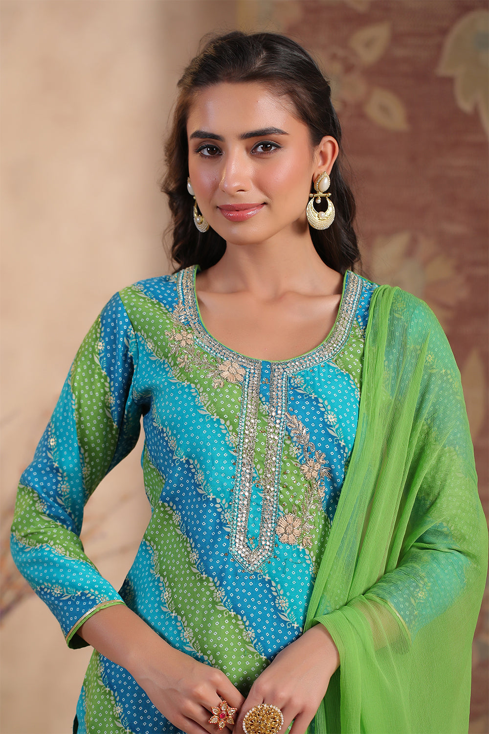 Teal & Green Color Silk Printed Unstitched Suit Material