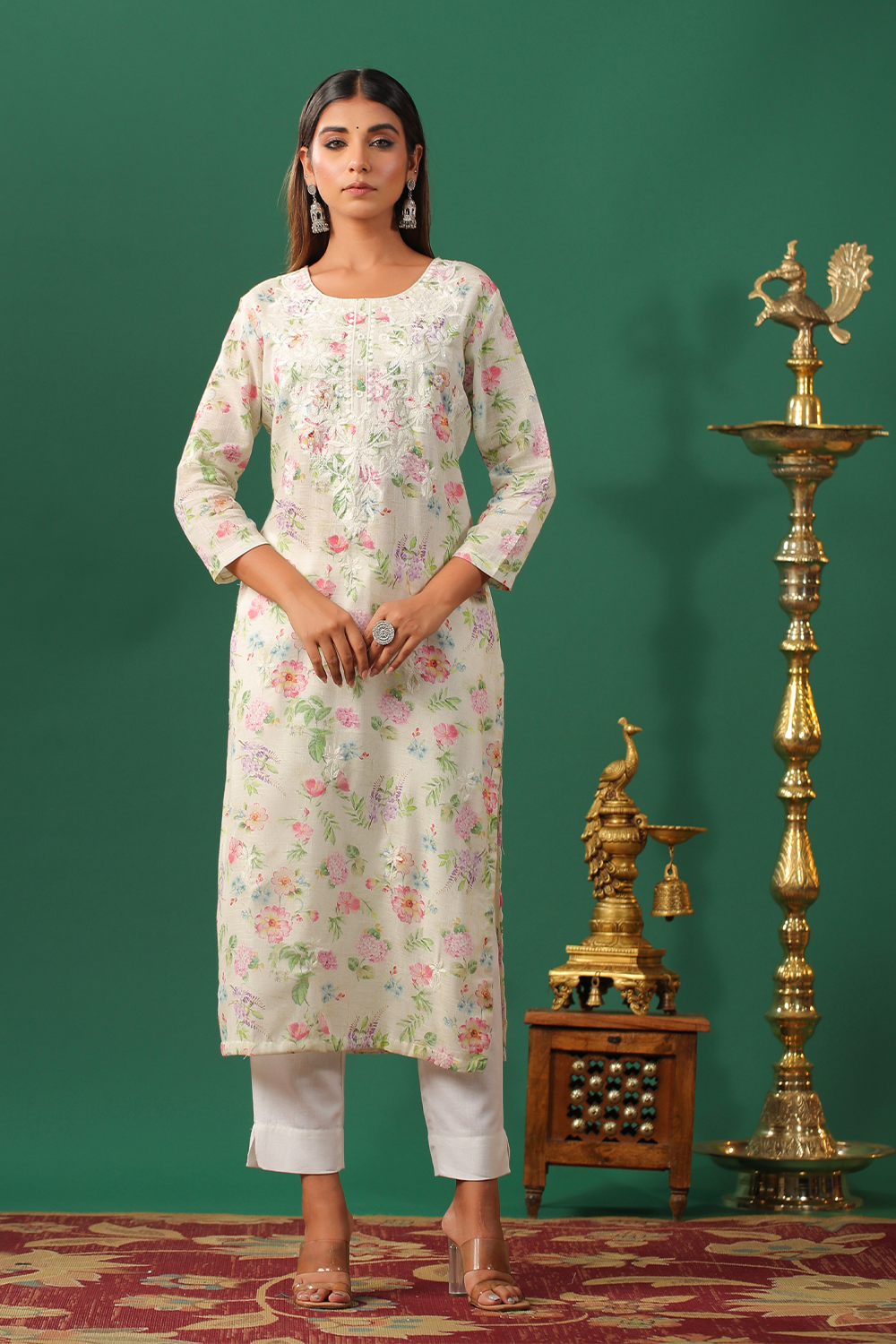 Pista Green Color Cotton Embroidered Kurta Set