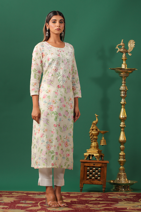 Pista Green Color Cotton Embroidered Kurta Set