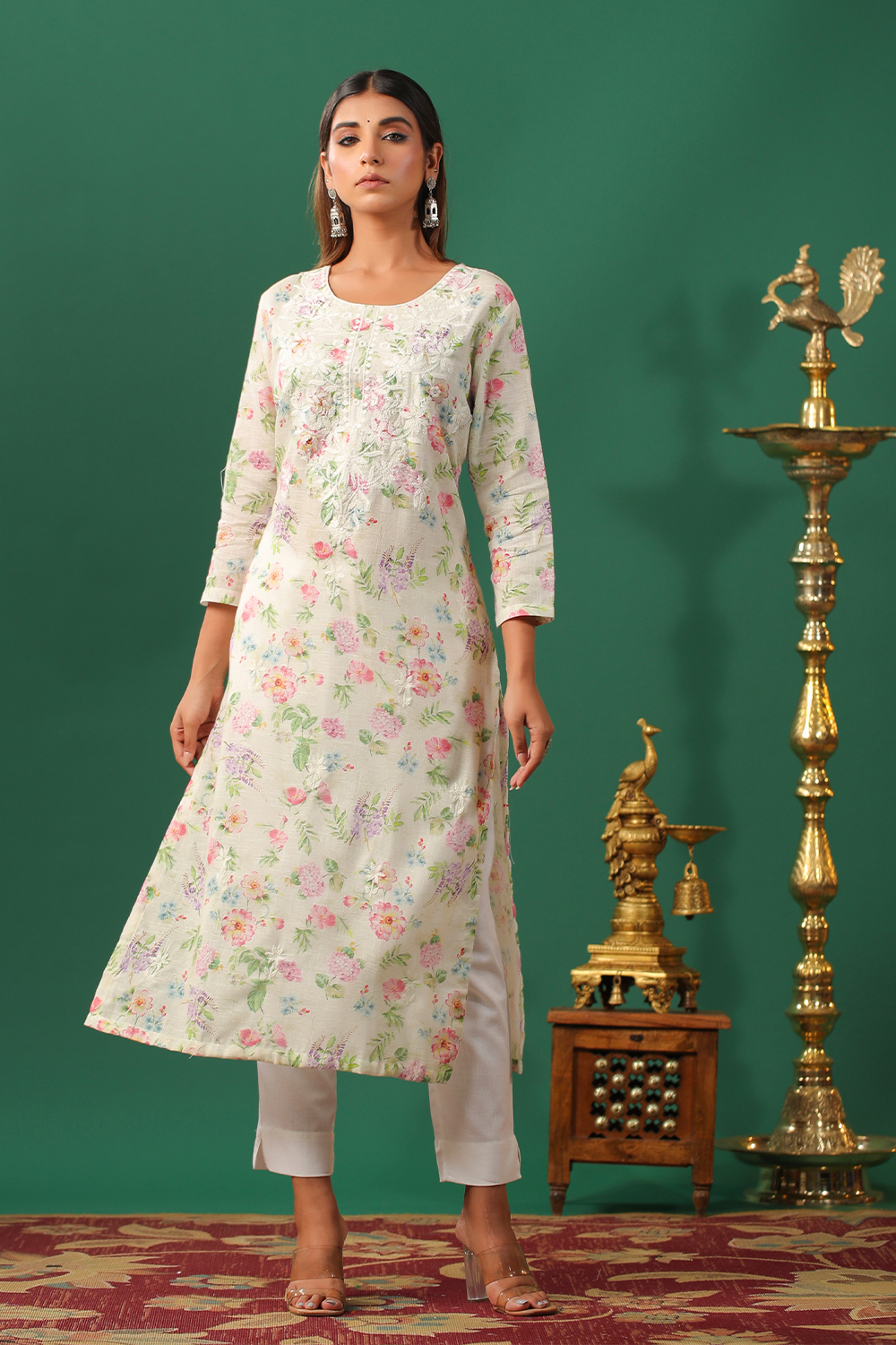 Pista Green Color Cotton Embroidered Kurta Set