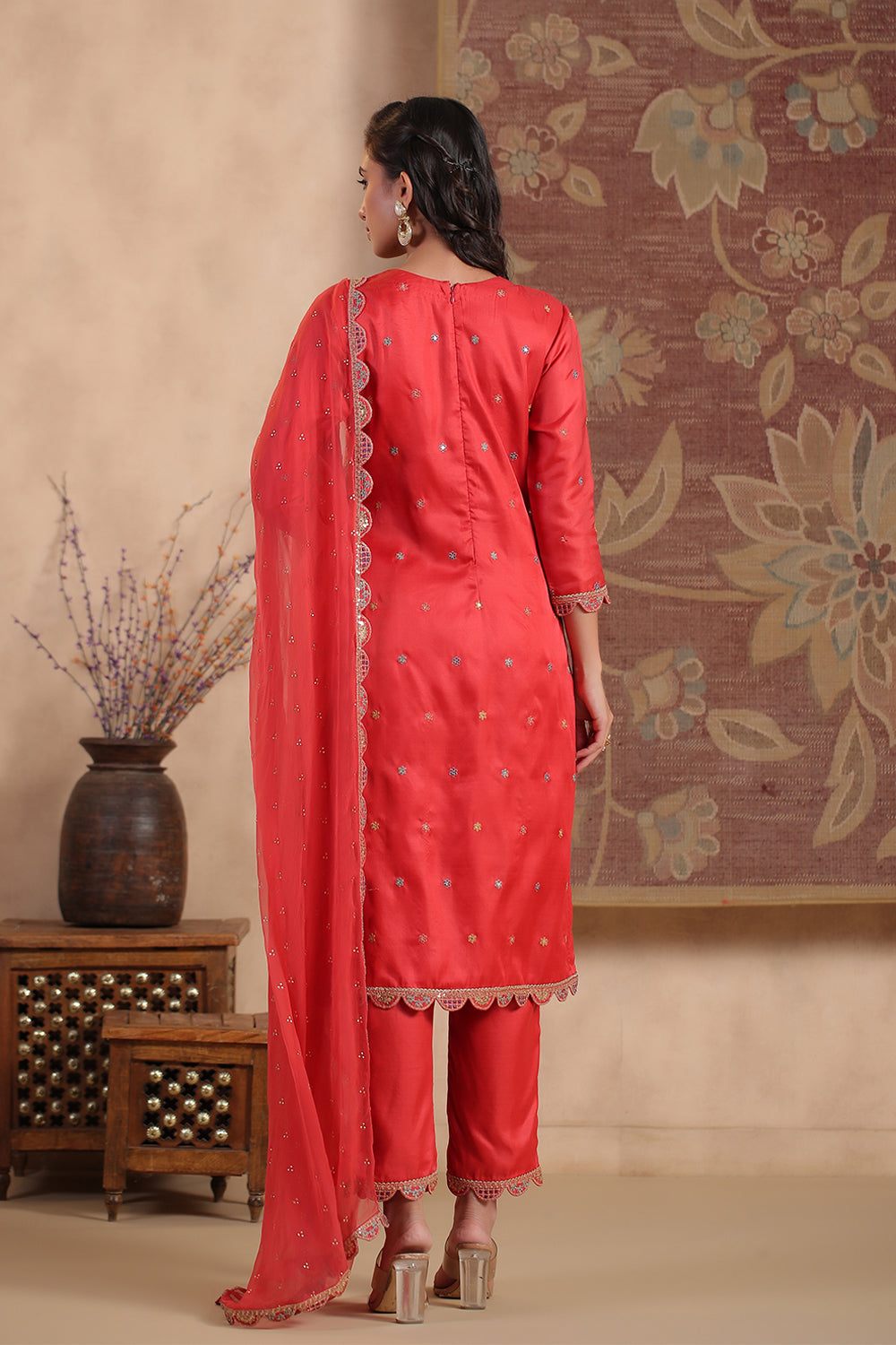 Coral Color Silk Multi-Colored Resham Embroidered Straight Suit