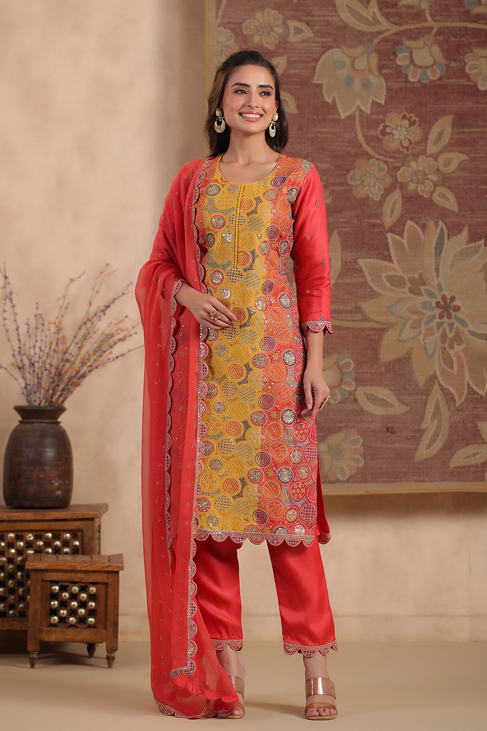 Coral Color Silk Multi-Colored Resham Embroidered Straight Suit