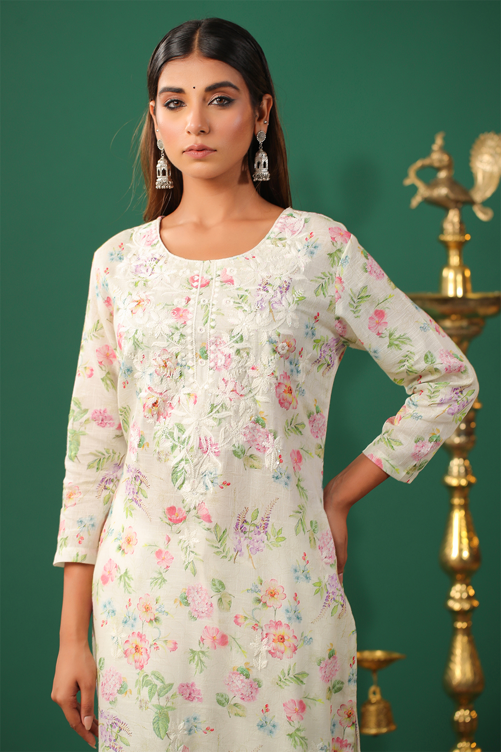 Pista Green Color Cotton Embroidered Kurta Set