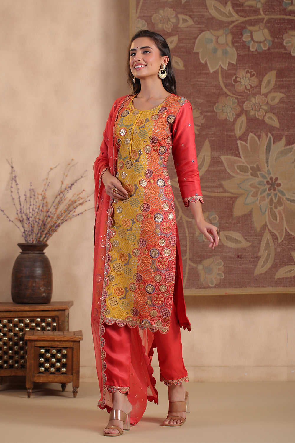 Coral Color Silk Multi-Colored Resham Embroidered Straight Suit