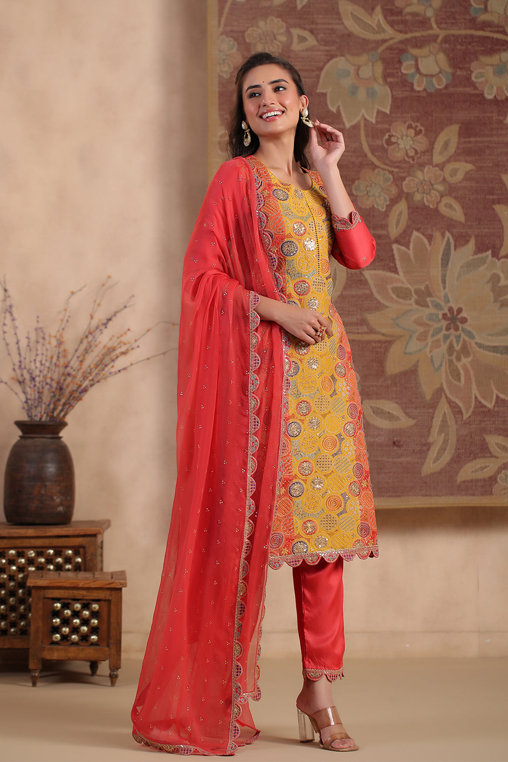 Coral Color Silk Multi-Colored Resham Embroidered Straight Suit